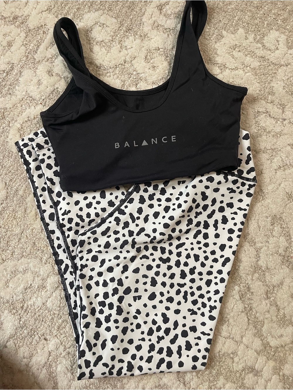 Balance Athletica Black Sports Bra and White/Black Spotted Leggings set
